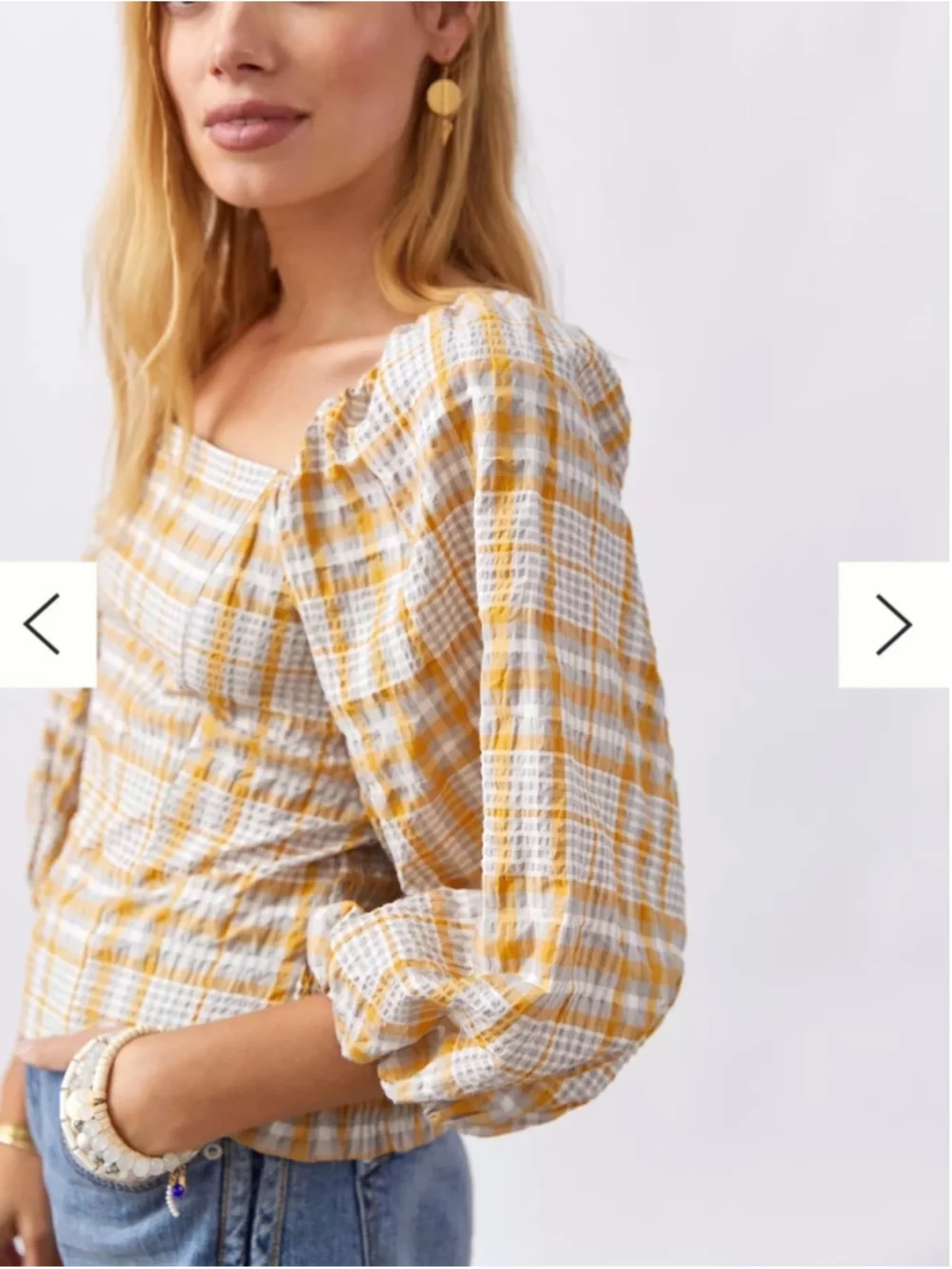 Anthropologie Maeve Seersucker Puff Sleeve Top Small Yellow Plaid Cottagecore